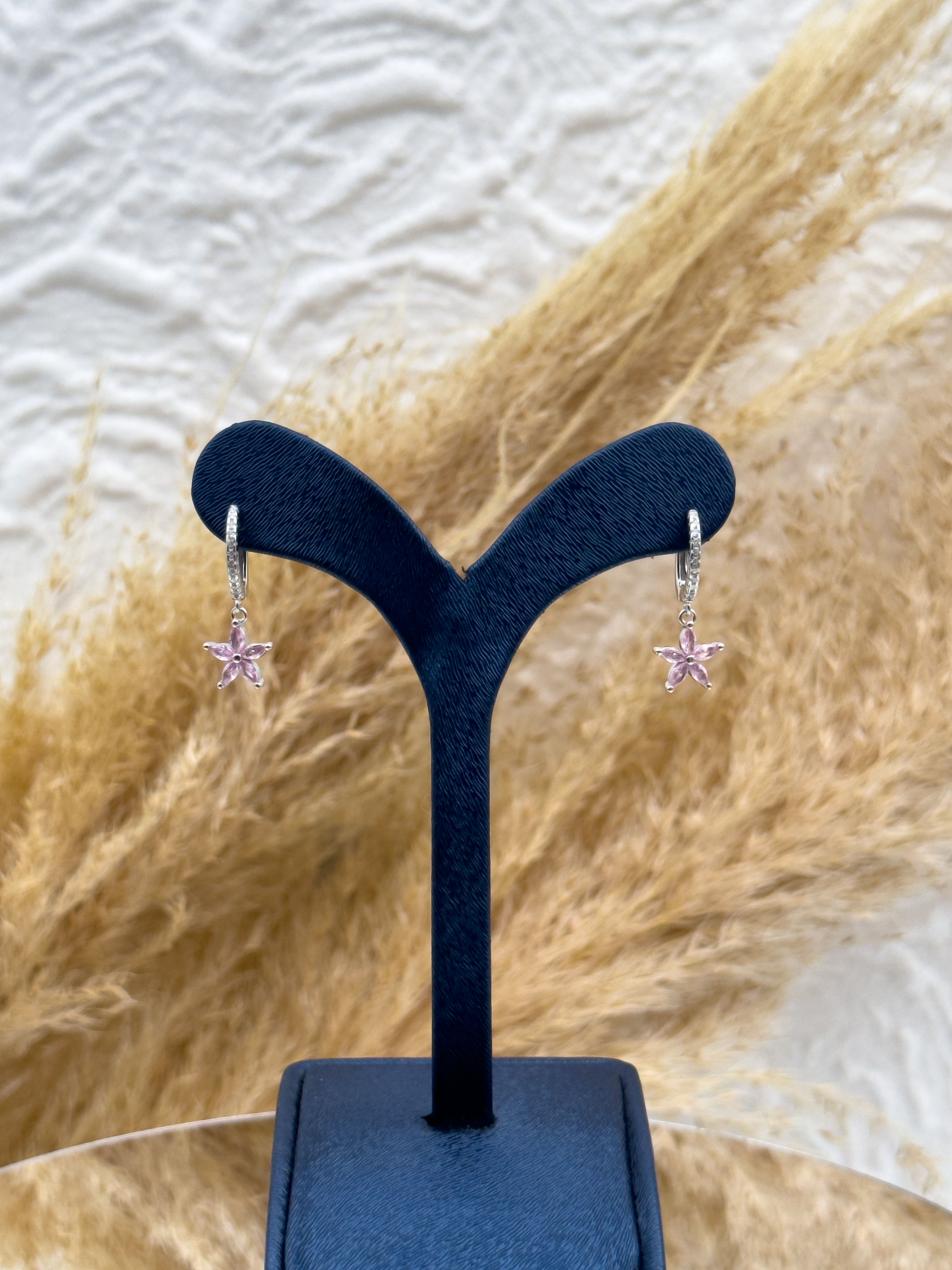 925 Ayar Gümüş Pembe Kuvars Taşlı Lotus Modeli Kadın Küpe